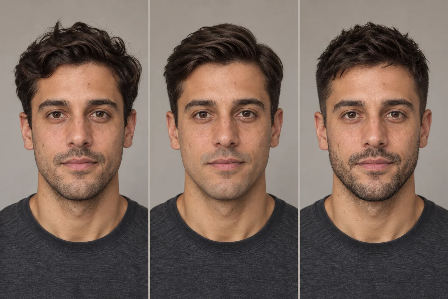 Three illustrated styling references of the same person with different hair and facial hair